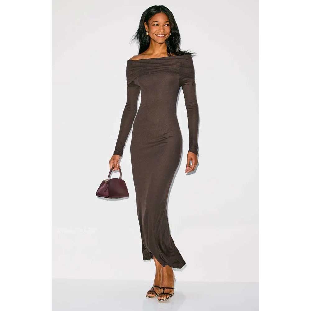 BY MALENE BIRGER Off Shoulder Long Sleeve Maxi Dress Brown XL